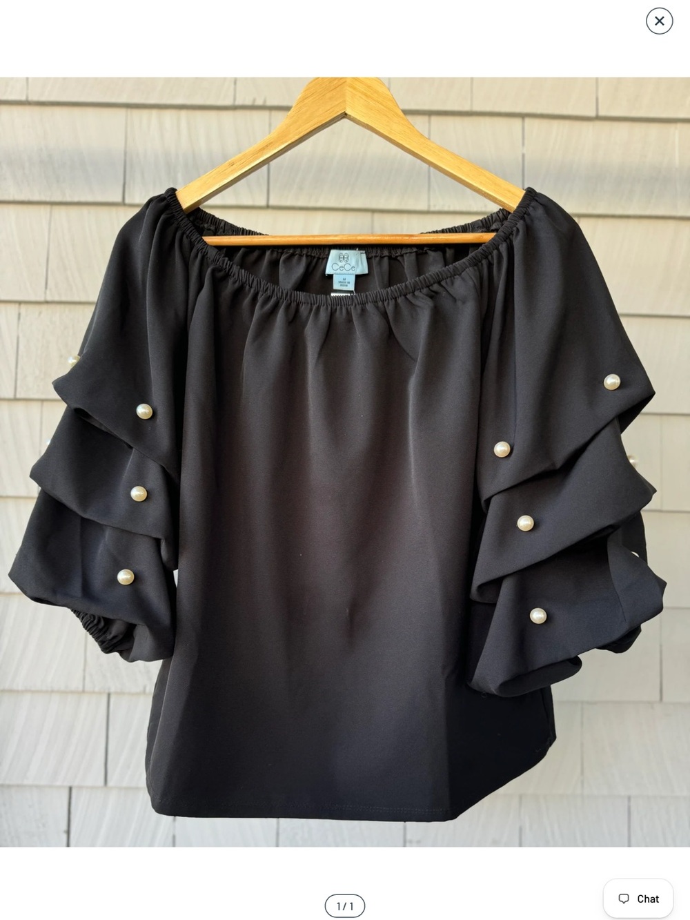 CeCe Black Off-Shoulder Ruffle Sleeve Top with Pearl Accents